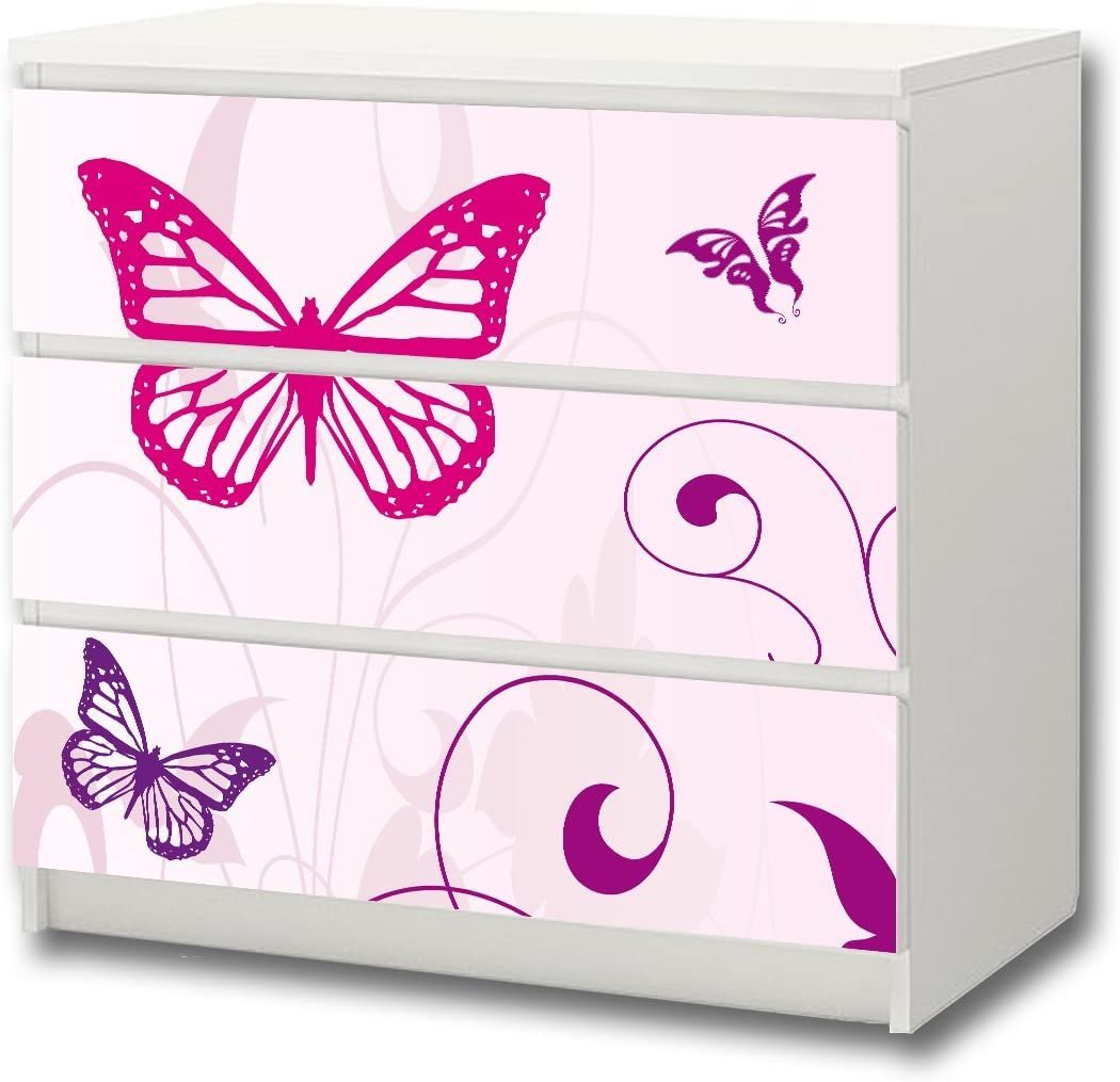 STIKKIPIX Möbelfolie M3K04, (MÖBEL NICHT INKLUSIVE) Butterfly Möbelsticker/Aufkleber - passend für die Kommode mit 3 Fächern/Schubladen MALM von IKEA - Bestehend aus 3 passgenauen Kinderzimmer Möbelfolien von STIKKIPIX