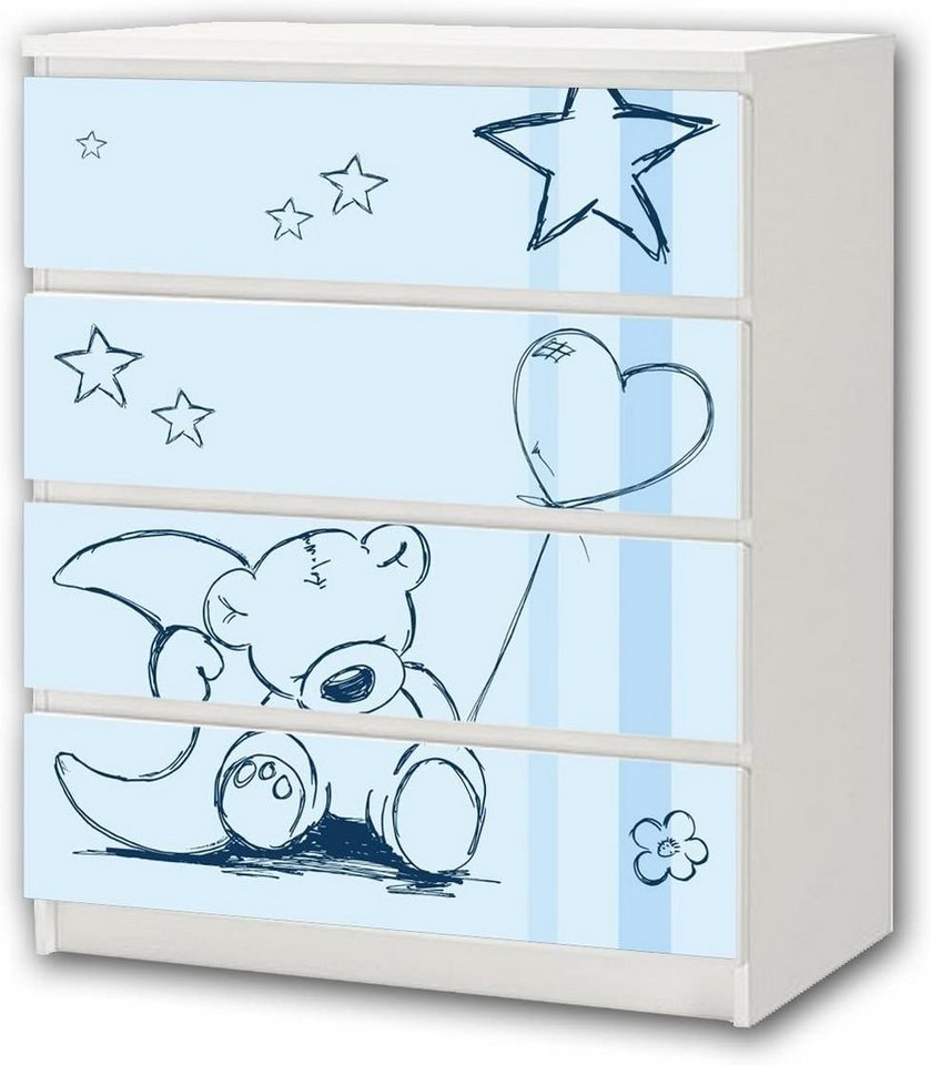 STIKKIPIX Möbelfolie M4K18, (MÖBEL NICHT INKLUSIVE) Teddy blau Möbelsticker/Aufkleber - passend für die Kommode mit 4 Fächern/Schubladen MALM von IKEA - Bestehend aus 4 passgenauen Kinderzimmer Möbelfolien von STIKKIPIX