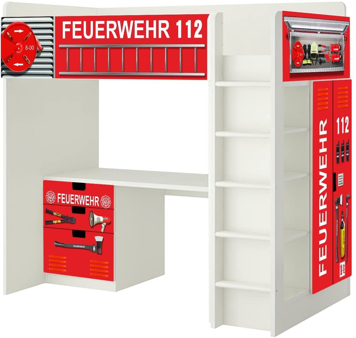 STIKKIPIX Möbelfolie SH01, (MÖBEL NICHT INKLUSIVE) Feuerwehr Aufkleber - passend für die Kinderzimmer Hochbett-Kombination STUVA von IKEA - Bestehend aus Hochbett, Kommode (3 Fächer), Kleiderschrank und Schreibtisch von STIKKIPIX