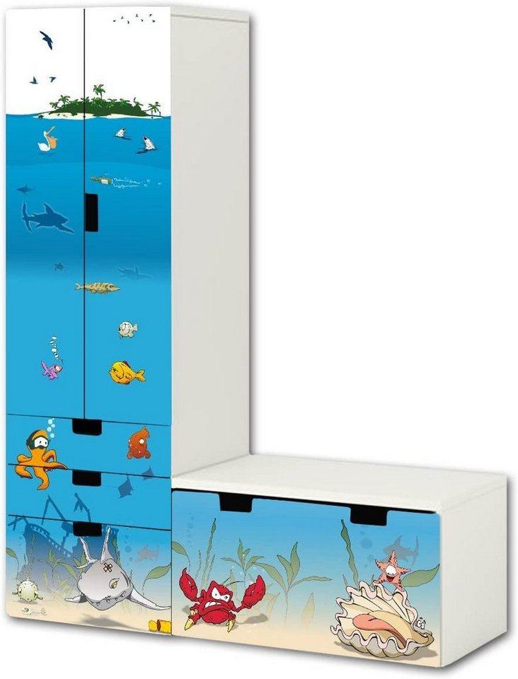 STIKKIPIX Möbelfolie SL06, (MÖBEL NICHT INKLUSIVE) Unterwasserwelt" Aufkleber-Set - passend für die Kinderzimmer Aufbewahrungskombination STUVA von IKEA (L-Form) - Bestehend aus Schrank, Kommode mit 3 Fächern und Banktruhe" von STIKKIPIX