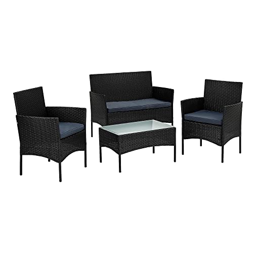 STILISTA® Polyrattan Sitzgruppe 1 Bank + 2 Stühle + 1 Tisch mit Glasplatte, Lounge Set, schwarz von STILISTA