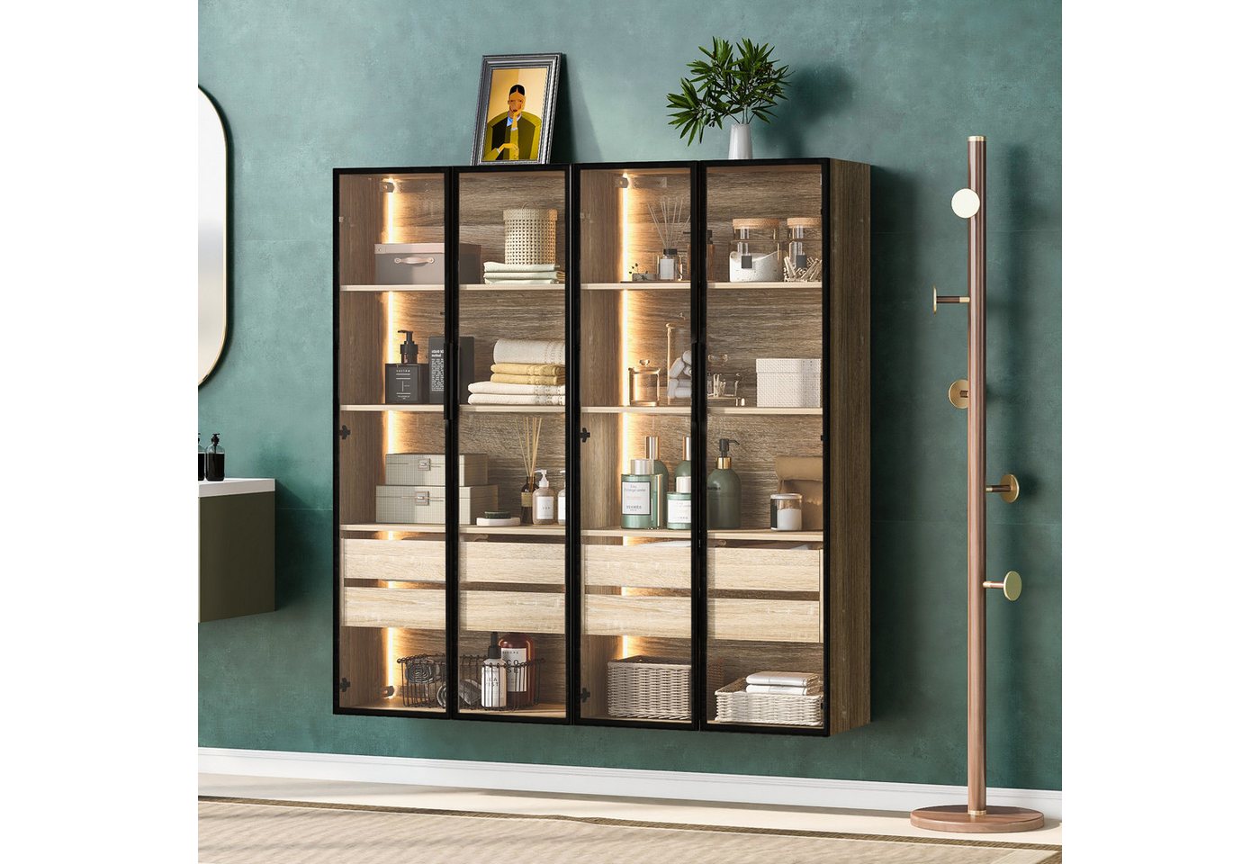 STILVORA Badkommode 2er-Set mit LED-Licht,Badezimmerschrank Standvitrine mit Glastüren (Glastür, Badezimmerschrank) von STILVORA