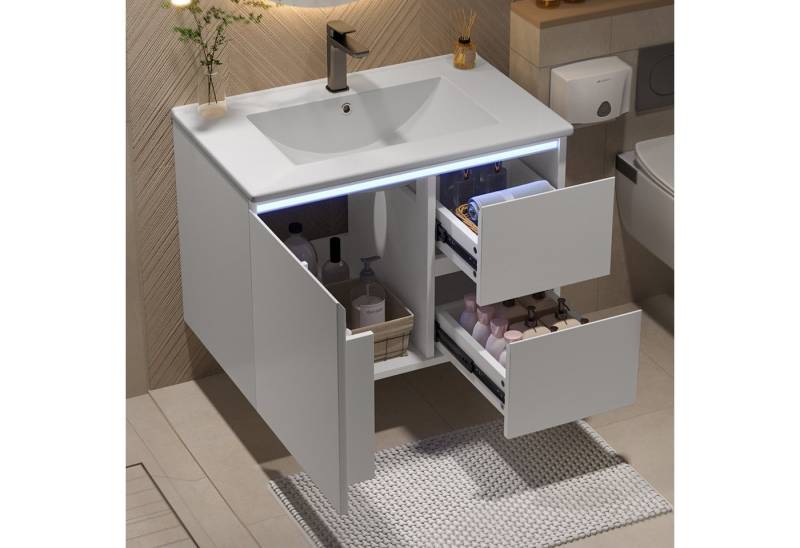 STILVORA Badkommode Badezimmerschrank mit Keramikwaschbecken&LED,Waschbeckenunterschrank (76x46x50 cm Wandhängender Badezimmerschrank mit LED-Radarsensor-Beleuchtung, feuchtigkeitsbeständigem MDF, integriertem Keramikwaschbecken, leisen Schubladen), zwei Schubladen von STILVORA