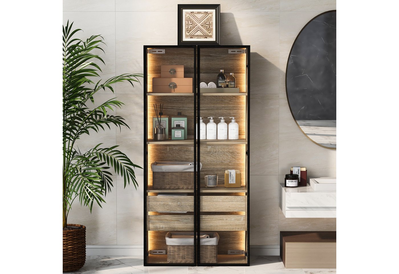 STILVORA Badkommode mit LED-Lichtleiste,Badezimmerschrank Standvitrine mit Glastüren (Glastür, Badezimmerschrank) von STILVORA