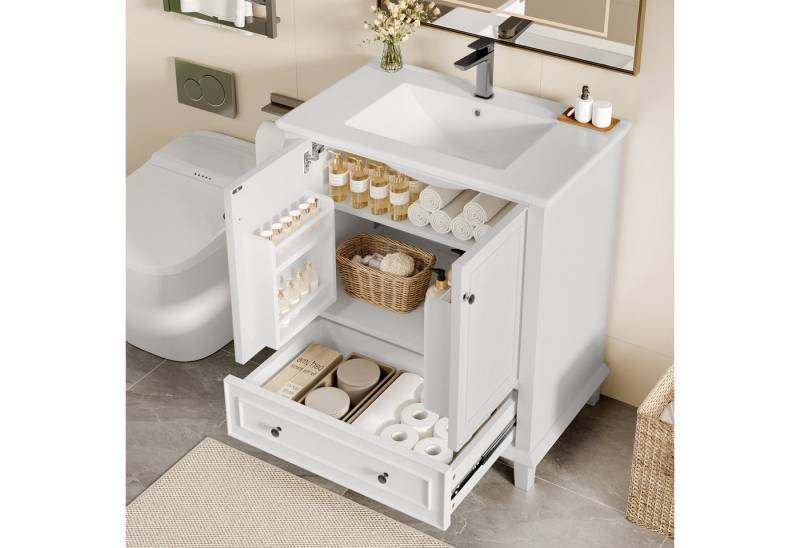 STILVORA Badkommode weiß,Bodenstehender Badezimmerschrank mit Keramikwaschbecken (76x46x87cm Badezimmerschrank mit Massivholzbeinen und integriertem Keramikwaschbecken, feuchtigkeitsbeständig, großer Stauraum, moderne Badezimmermöbel), mit Waschbeck von STILVORA