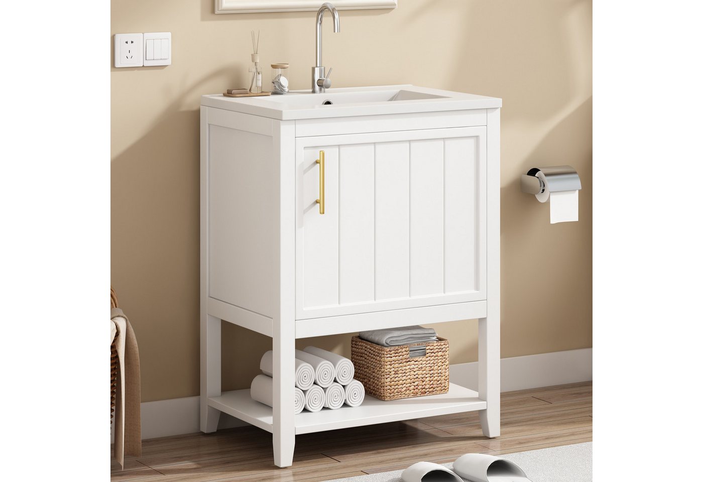 STILVORA Badmöbel-Set Waschtisch mit Waschbecken aus Keramik,Badmöbel mit Unterschrank,Weiß, (60 cm mit Keramikwaschbecken, Rutschfest & Geräumig, mit Ablage, 1-St., Perfekt für Familien & Singles), Leicht zu reinigen von STILVORA