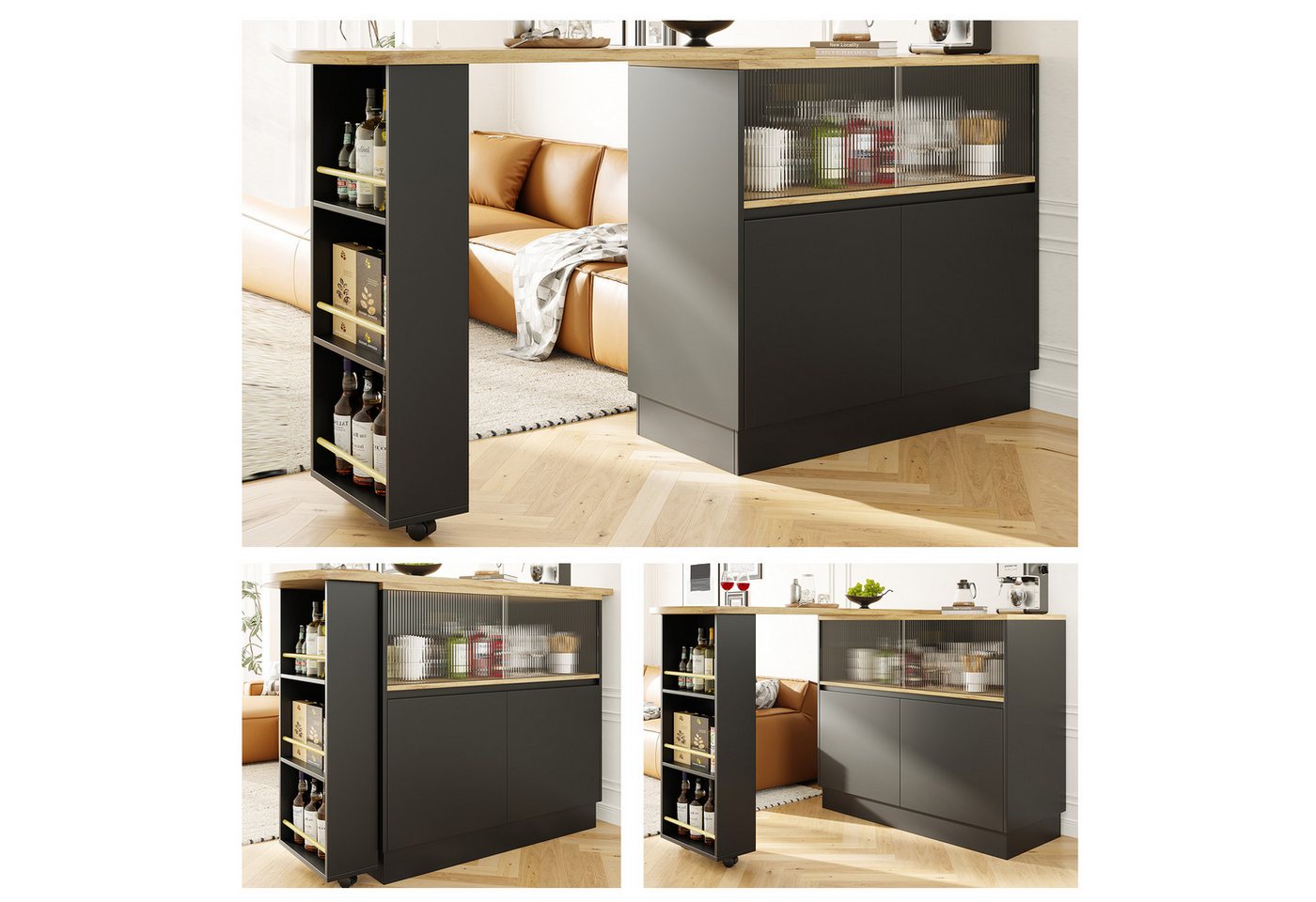 STILVORA Bartisch mit Ablageflächen,Esstisch Kücheninsel 360° drehbar mit arbeitsplatte (360° drehbarer Ess- und Barschrank mit Stauraum & Glasschiebetür, 1-St., 90 x 45 x 100 cm) von STILVORA
