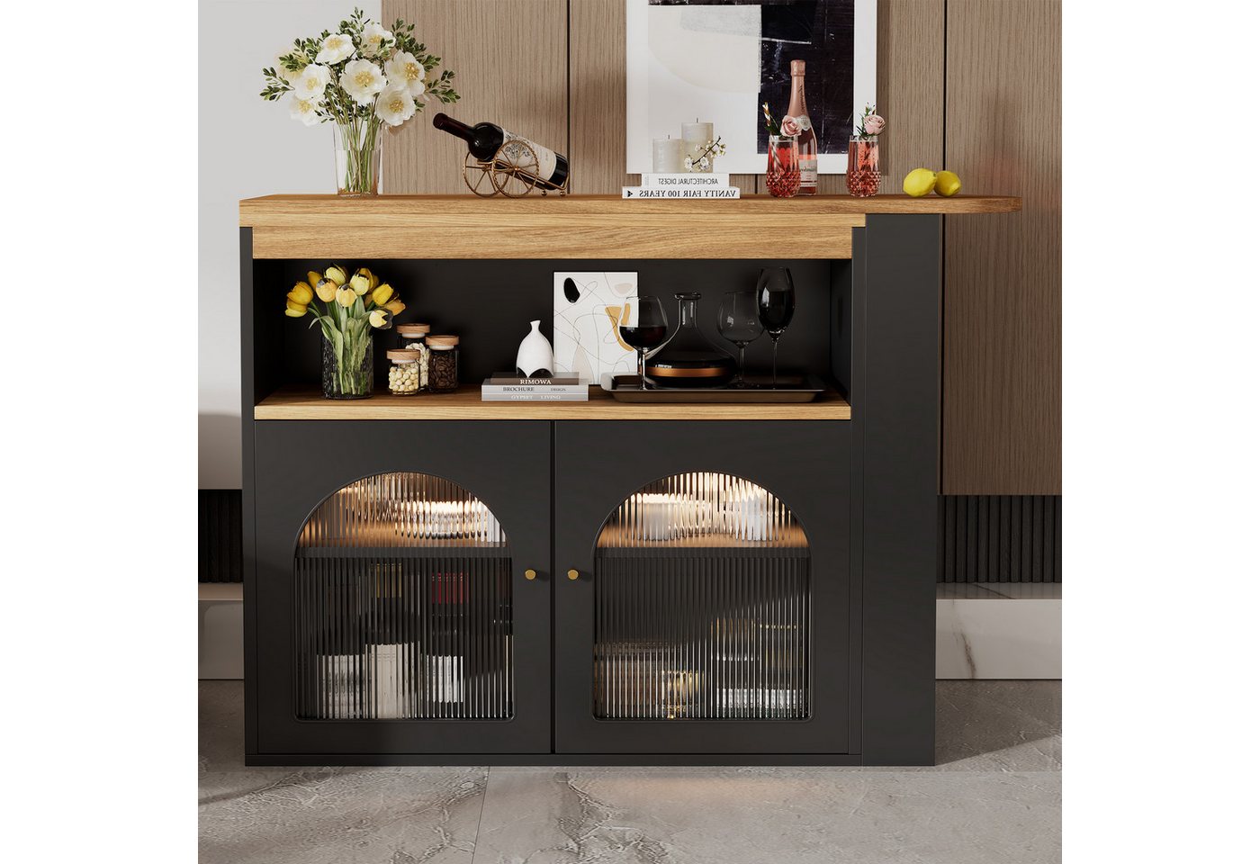 STILVORA Bartisch mit LED&Glasfront,Küchentisch Kücheninsel drehbar mit Regalen (Bunte LED-Lichtleisten Freie 360-Grad-Drehung, 1-St), mit Stauraum, für Esszimmer und Wohnzimmer von STILVORA