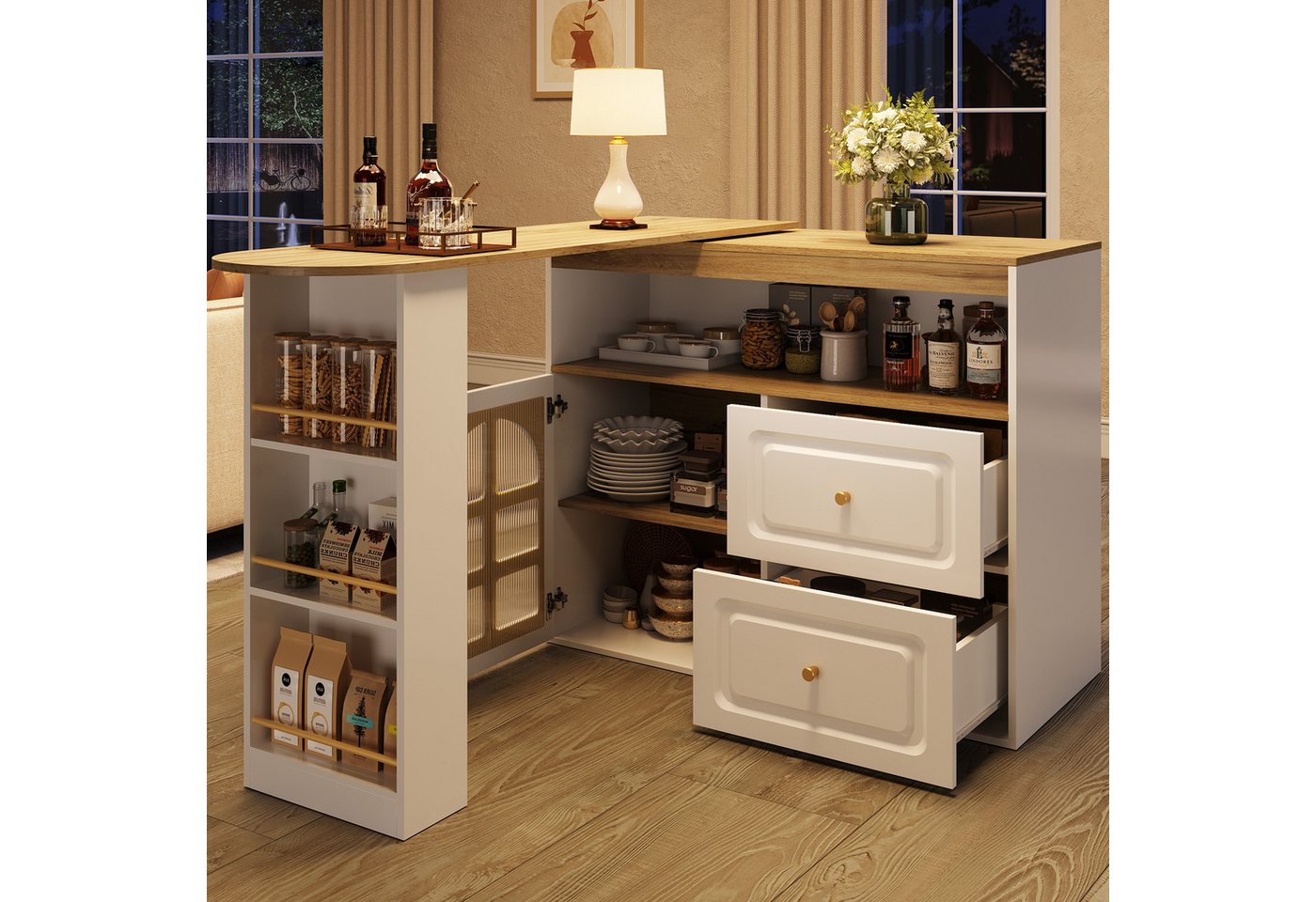 STILVORA Bartisch mit stauraum,360°drehbare Esstisch mit Snackregal,Sideboard mit Regale (Sideboard-Schrank mit 2 Schubladen, Snackregal, Bogenglas – Modernes Design aus MDF, ausziehbar bis 204 cm), 2 Schubladen, Snackregal von STILVORA