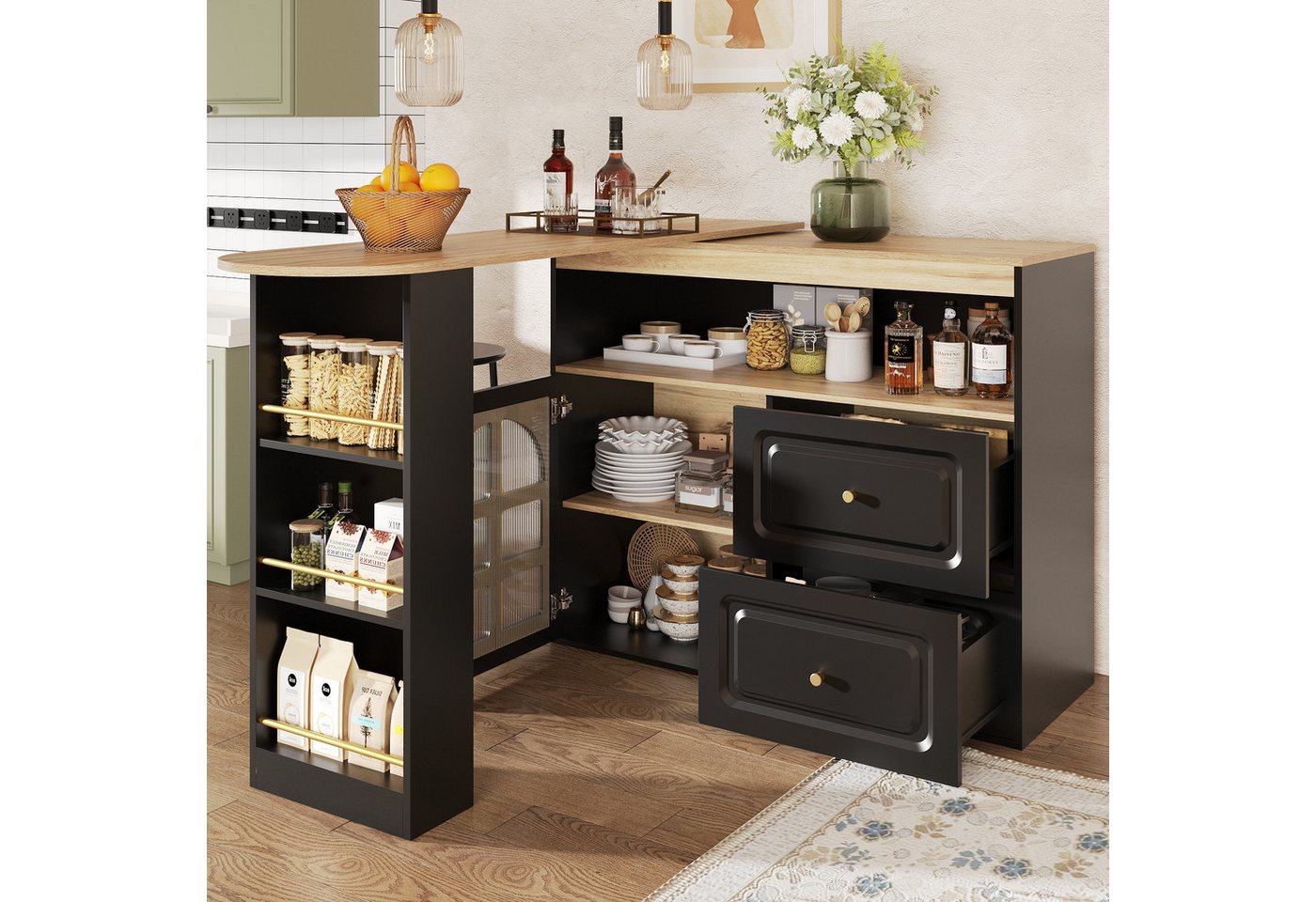 STILVORA Bartisch mit stauraum,360°drehbare Esstisch mit Snackregal,Sideboard mit Regale (Sideboard-Schrank mit 2 Schubladen, Snackregal, Bogenglas – Modernes Design aus MDF, ausziehbar bis 204 cm), 2 Schubladen, Snackregal von STILVORA
