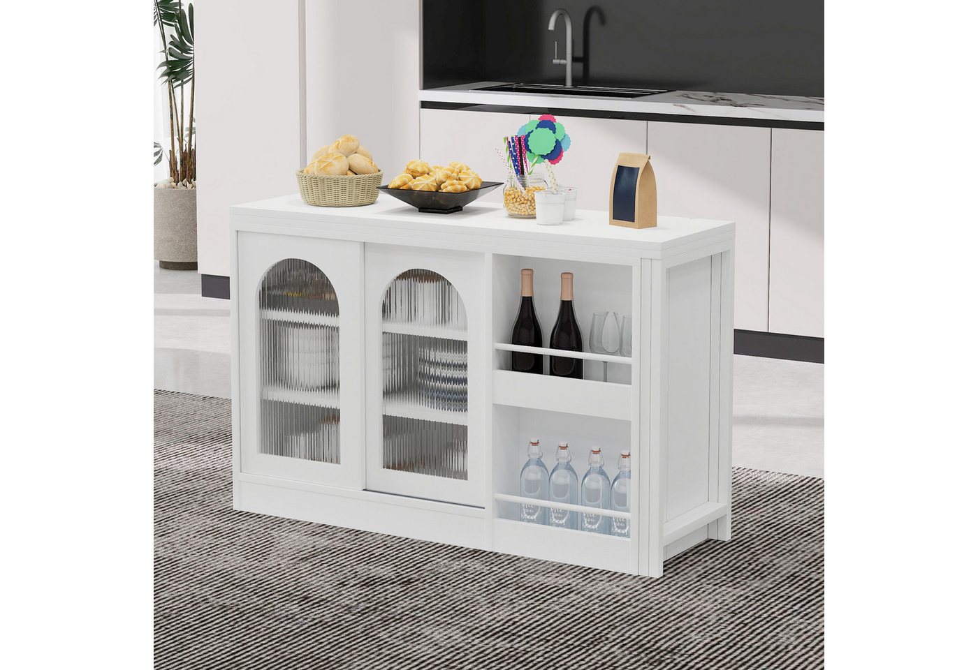 STILVORA Bartisch mit stauraum,küchentisch ausziehbar mit Glasschranktür,Sideboard Weiß (Moderner ausziehbarer Bartisch mit 360° drehbarer Tischplatte, geriffeltem Glasschrank & Stauraum – Kücheninsel & Bartresen für kleine Räume), 360° Drehbare Bartisch von STILVORA