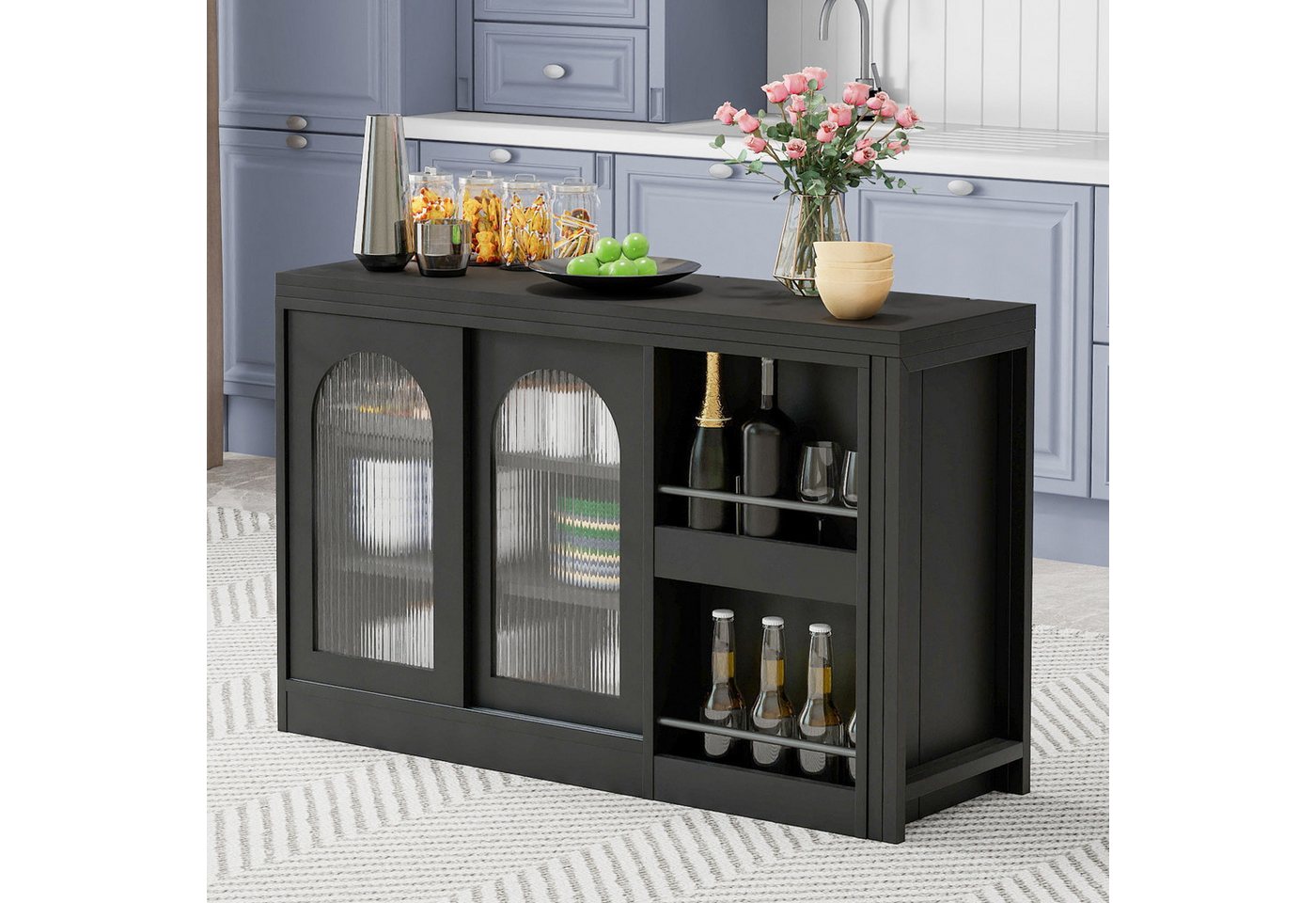 STILVORA Bartisch mit stauraum,küchentisch ausziehbar mit Glasstür,Sideboard Schwarz (Moderner ausziehbarer Bartisch mit 360° drehbarer Tischplatte, geriffeltem Glasschrank & Stauraum – Kücheninsel & Bartresen für kleine Räume), 360° Drehbare Bartisch von STILVORA