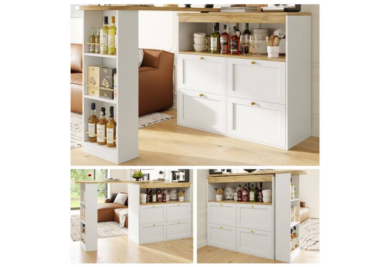 STILVORA Bartisch wohnzimmer/Esszimmer 360° drehbarer Stehtisch weiß mit 4 Schubladen (drehbar Sideboard, Esstisch, 4 Schubladen und offene Fächer), 360° drehbare Essbar mit Schubladen und offener Stauraum von STILVORA