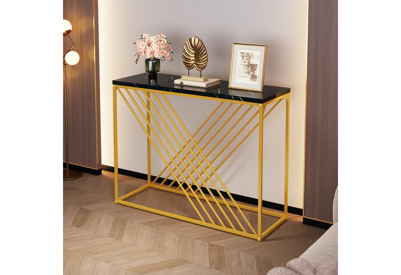 STILVORA Beistelltisch Beistelltisch mit goldenem Fuß,MDF Hochglanztisch,Sideboard schwarz (Konsolentisch, Flurtisch, 1-St., MDF-Marmorplatte), mit goldenem Fuß von STILVORA