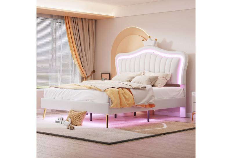 STILVORA Bett 140x200 Polsterbet mit Matratze,Jugendbett mit LED-Leuchten&Lattenrost (Kronen-Doppelbettgestell aus Leder mit LED-Leuchten, Lattenrost und Rückenlehne, Matratze nicht enthaltet 140 x 200 cm) von STILVORA