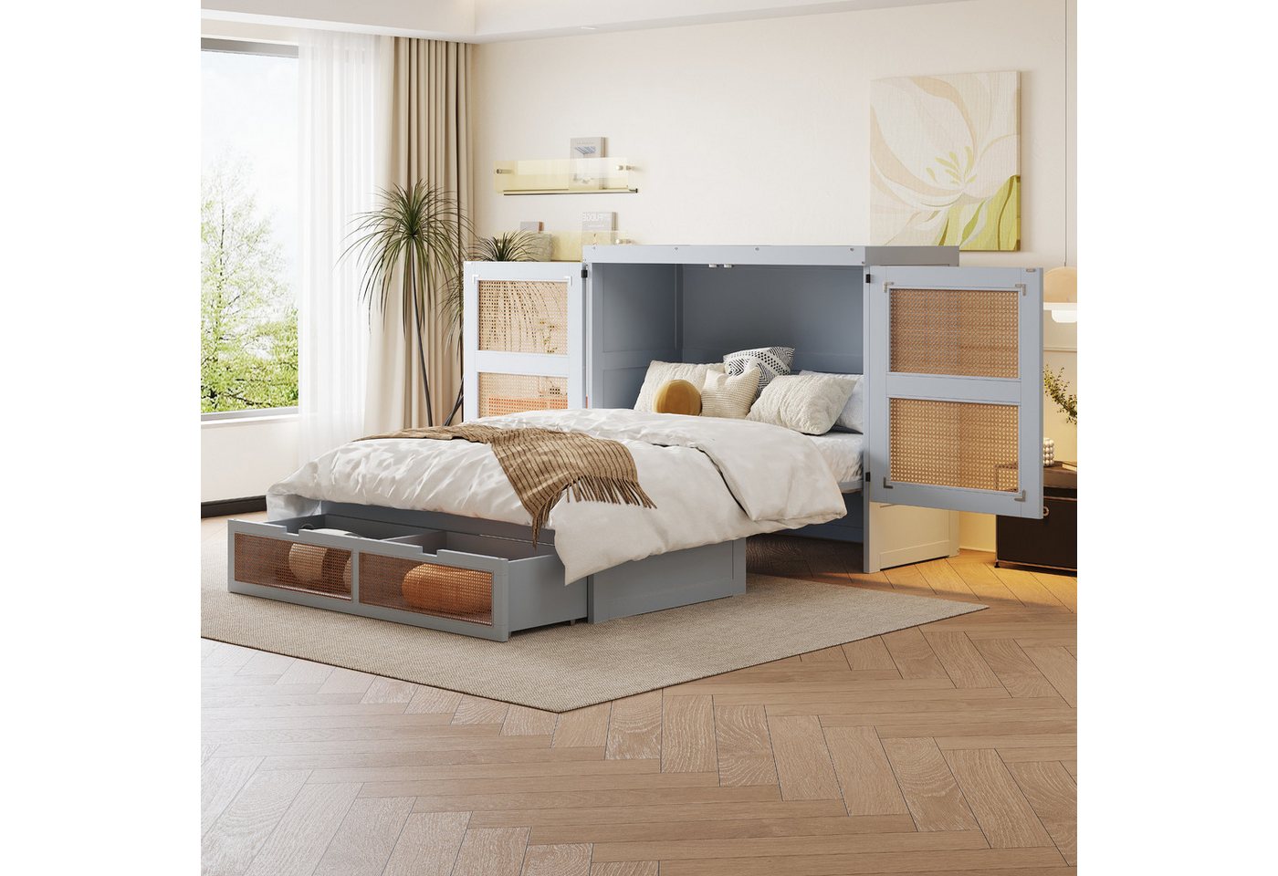 STILVORA Bettgestell 140x200 mit Schrank,Jugendbett mit Stauraum,Kinderbett mit Schubladen (mit Rattan-Design und Stauraumschubladen, Vertikales Wandbett mit Lattenrost, Ideal für Jugendzimmer und kleine Apartments 140x200 cm), ohne Matratze STILVORA Bettgestell 140x200 mit Schrank,Jugendbett mit Stauraum,Kinderbett mit Schubladen (mit Rattan-Design und Stauraumschubladen, Vertikales Wandbett mit Lattenrost, Ideal für Jugendzimmer und kleine Apartments 140x200 cm), ohne Matratze von STILVORA