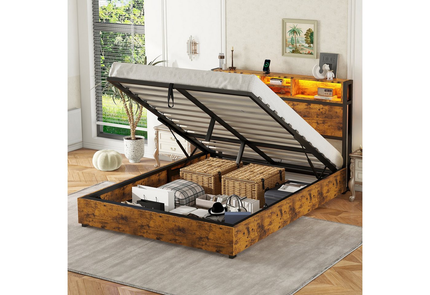 STILVORA Bettgestell 140×200 mit matratze,Holzbett mit bettkasten LED und USB-Anschluss (farbwechselnde LED-Umgebungsbeleuchtung, 24-Tasten-Fernbedienung, großer Stauraum im Bettkasten), ohne Matratze von STILVORA