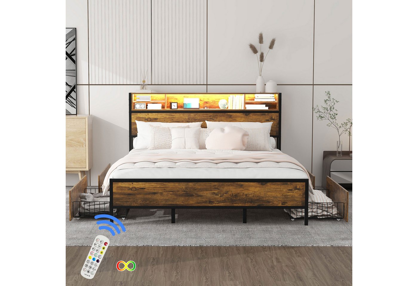 STILVORA Bettgestell 180×200 mit 4 Schubladen,Flachbett mit LED&USB-Anschluss,ohne matratze (180*200cm, mit 4 Schubladen für Erwachsene und Junioren, Staufunktion), ohne Matratze von STILVORA