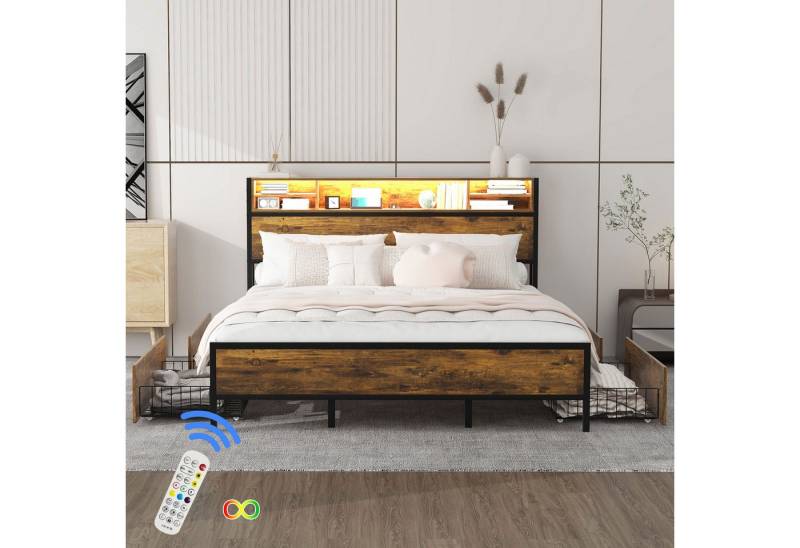 STILVORA Bettgestell 180×200 mit 4 Schubladen,Flachbett mit LED&USB-Anschluss,ohne matratze (180*200cm, mit 4 Schubladen für Erwachsene und Junioren, Staufunktion), ohne Matratze von STILVORA