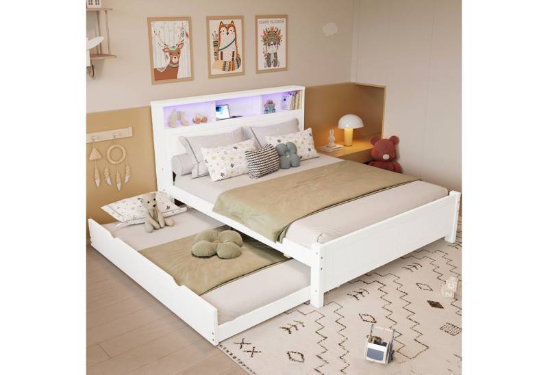STILVORA Bettgestell 90×190 Doppelbett mit Ladebuchse,Jugendbett mit ausziehbett,Holzbett (Familienbett mit Ausziehbett, LED-Umgebungslicht, Ladebuchse, Kopfteil-Aufbewahrung – Massivholz-Kiefer, 120x200 cm & 90x190 cm, Kinderzimmer, Gästezimmer), ohne Matratze von STILVORA