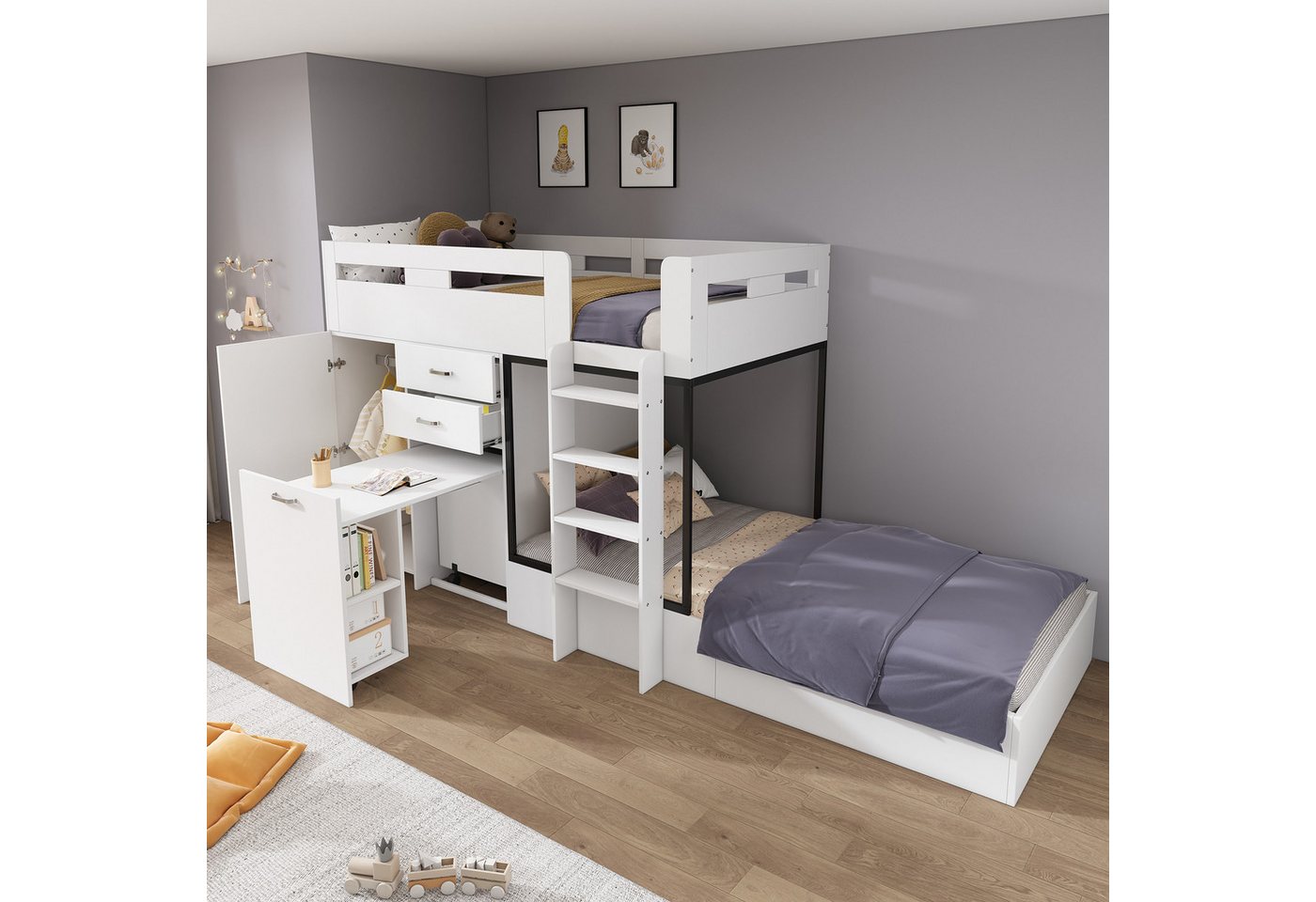 STILVORA Bettgestell 90×200 Etagenbett mit Matratze, Jugendbett mit Kleiderschrank & Tisch (Multifunktionales, mit Matratze, 90*200cm), mit Ausziehbarer Schreibtisch und Garderobe, Schublade, Regale, Leitern von STILVORA