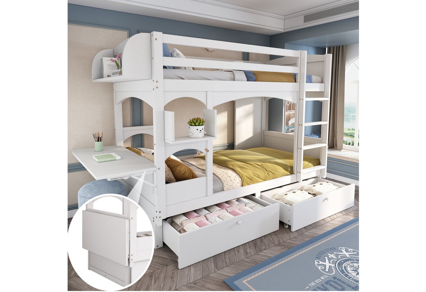 STILVORA Bettgestell 90×200 Jugendbett mit Matratze, Etagenbett mit Tisch & Stauraum (mit Matratze, 90*200), mit klappbarem Schreibtisch,Regal,Leiter und 2 Schubladen,Massivholz von STILVORA