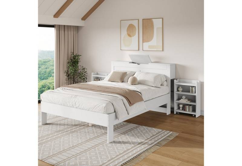 STILVORA Bettgestell Kinderbett 140×200 mit matratze&stauraum,Jugendbett mit 2 Nachttischen (Doppelbett, Massivholzbett, 140*200, mit Matratze), mit 2 ausziehbaren Nachttischen, Stauraum am Kopfende von STILVORA