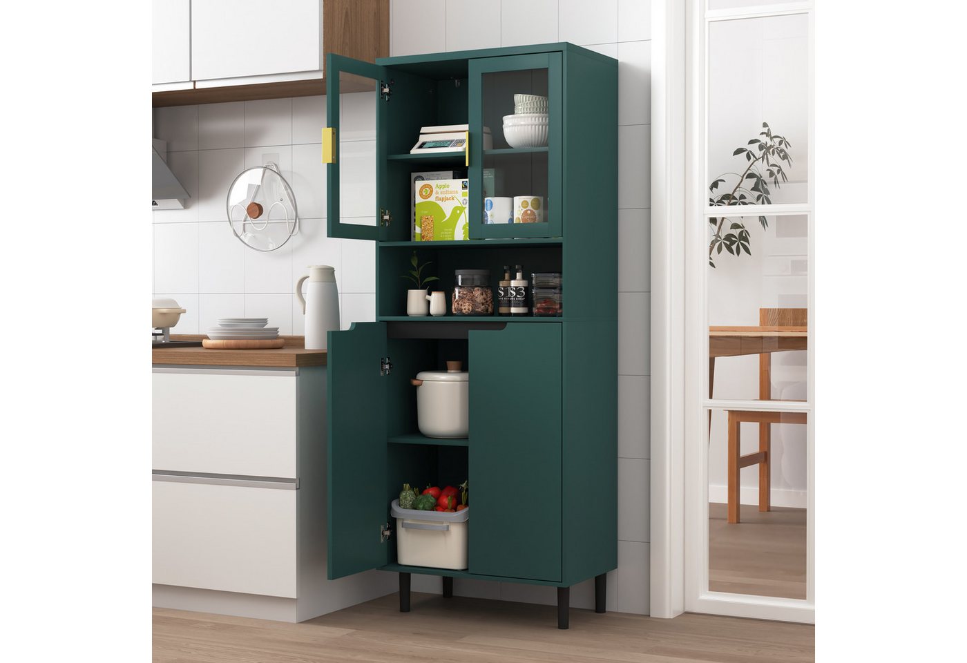 STILVORA Bücherregal mit Lagerfächern,Aufwahrungschrank Küchenschrank mit Glastüren,Grün, Vielseitiger MDF-Schrank mit 4 Türen & Glaselementen – Platzwunder mit Stil 1-tlg. von STILVORA