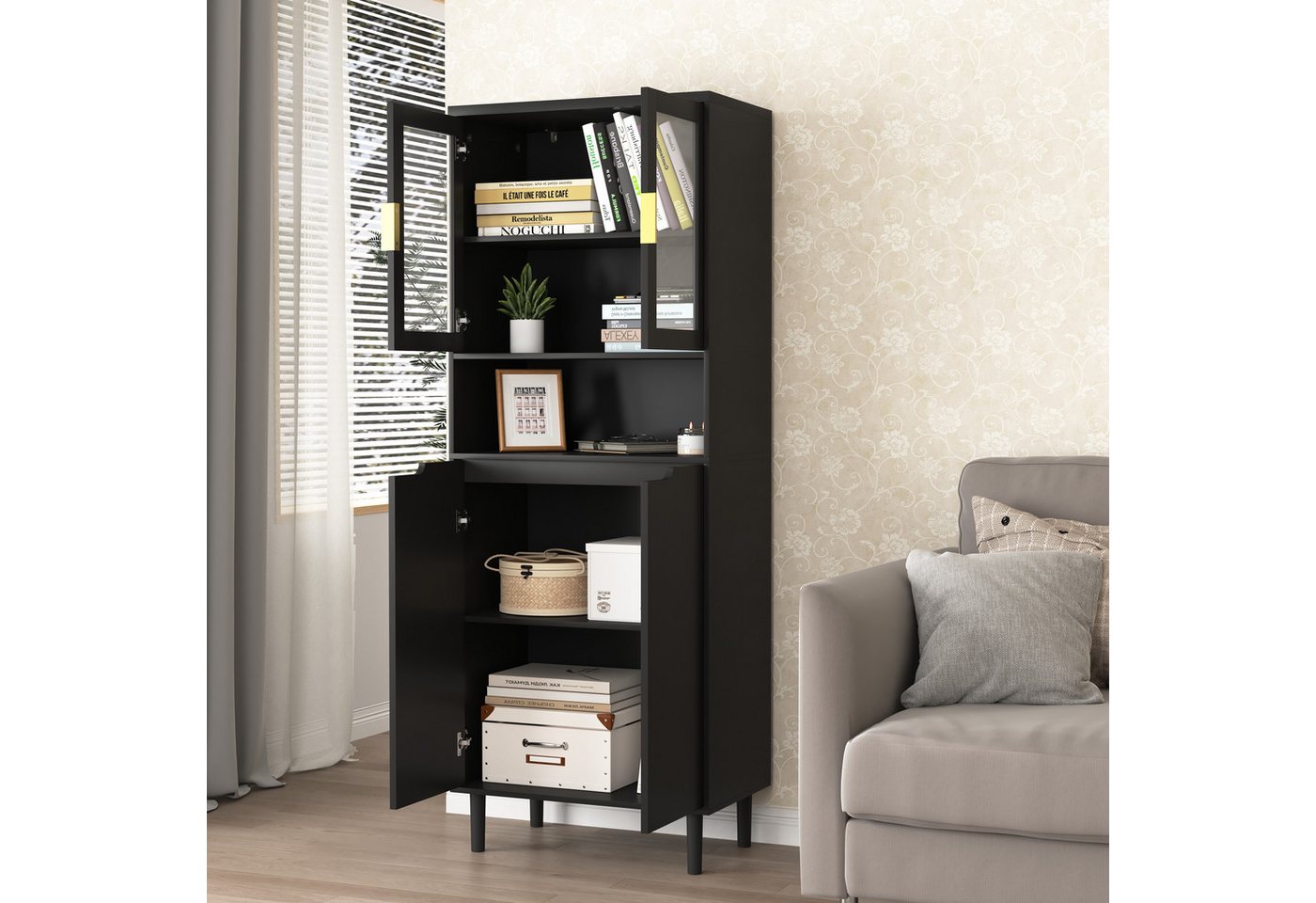 STILVORA Bücherregal mit Lagerfächern,Aufwahrungschrank Küchenschrank mit Glastüren,Schwarz, Vielseitiger MDF-Schrank mit 4 Türen & Glaselementen – Platzwunder mit Stil 1-tlg. von STILVORA