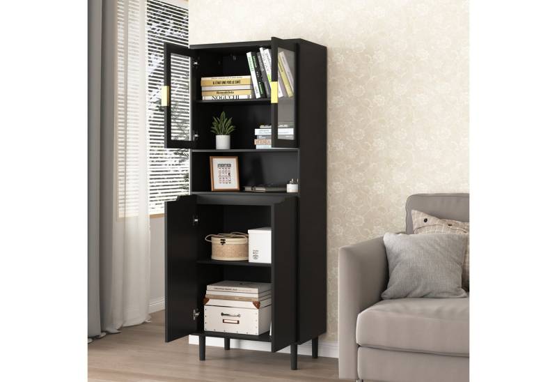 STILVORA Bücherregal mit Lagerfächern,Aufwahrungschrank Küchenschrank mit Glastüren,Schwarz, Vielseitiger MDF-Schrank mit 4 Türen & Glaselementen – Platzwunder mit Stil 1-tlg. von STILVORA