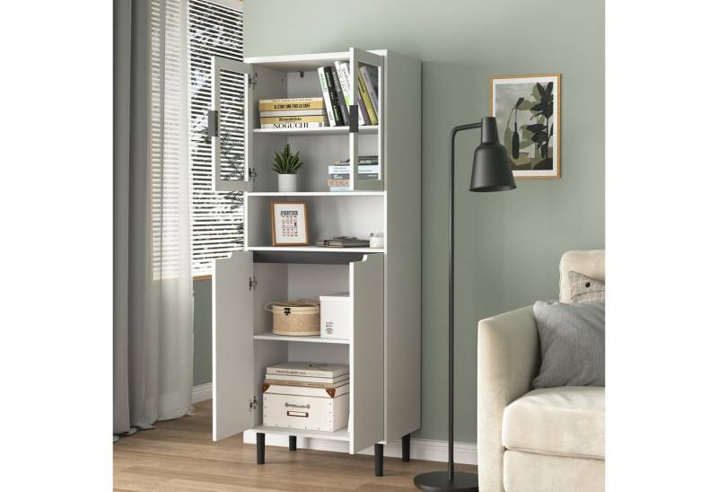 STILVORA Bücherregal mit Lagerfächern,Aufwahrungschrank Küchenschrank mit Glastüren,weiß, Vielseitiger MDF-Schrank mit 4 Türen & Glaselementen – Platzwunder mit Stil 1-tlg. von STILVORA