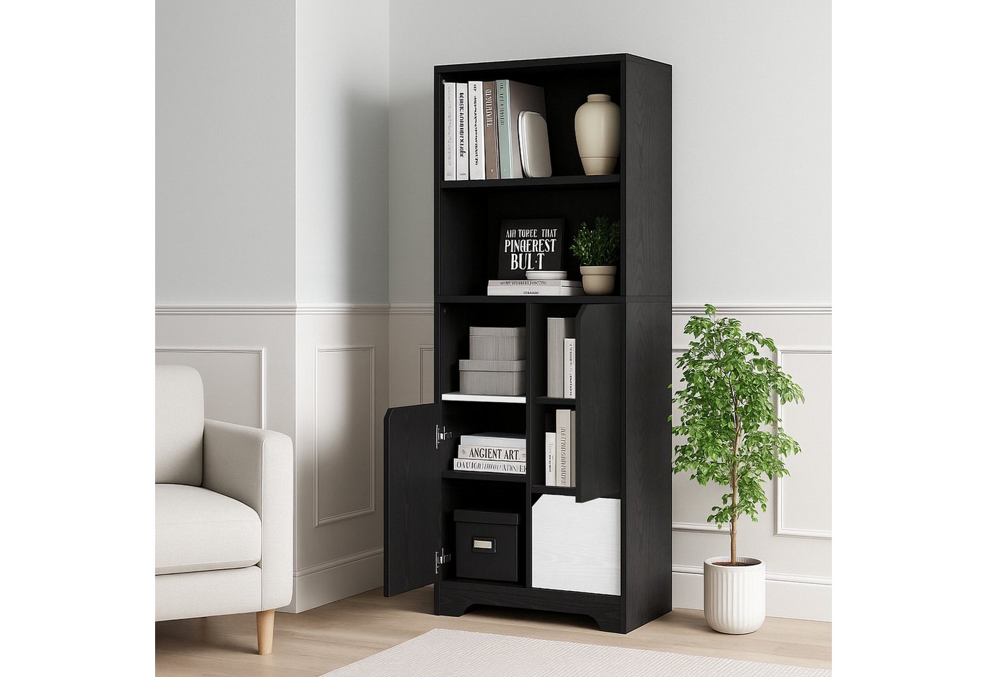 STILVORA Bücherregal mit Lagerfächern,Aufwahrungschrank Küchenschrank mit Schubladen, Multifunktionales Bücherregal mit Türen und Schubladen in Schwarz-Weiß – Offenes Stauraum-Regal für Wohnzimmer und Schlafzimmer 1-tlg. von STILVORA