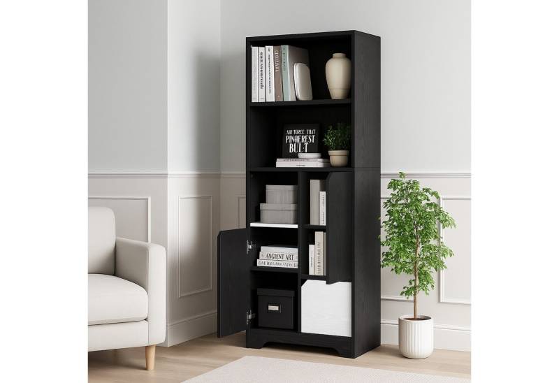 STILVORA Bücherregal mit Lagerfächern,Aufwahrungschrank Küchenschrank mit Schubladen, Multifunktionales Bücherregal mit Türen und Schubladen in Schwarz-Weiß – Offenes Stauraum-Regal für Wohnzimmer und Schlafzimmer 1-tlg. von STILVORA