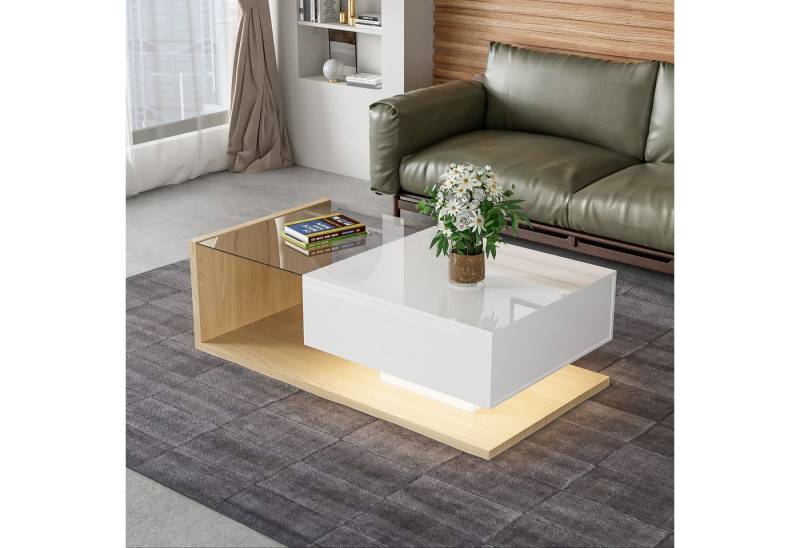 STILVORA Couchtisch Hochglanz-Beistelltisch Kaffeetisch Sofatisch mit Glas und LED-Effekt (Wohnzimmertisch, 1-St., 105*55*32,5cm), mit Glastischplatte, Schublade und 16-farbigen variablen LED-Leuchten von STILVORA