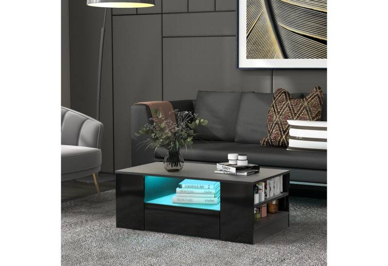 STILVORA Couchtisch Hochglanz Kaffeetisch mit 2 Schubladen,Beistelltisch mit LED Licht (95 x 53 x 37cm 2 Schubladen und 2 Regalsofa Couchtisch Beistelltisch), Zeitgenössisches Design Flachverpackung von STILVORA