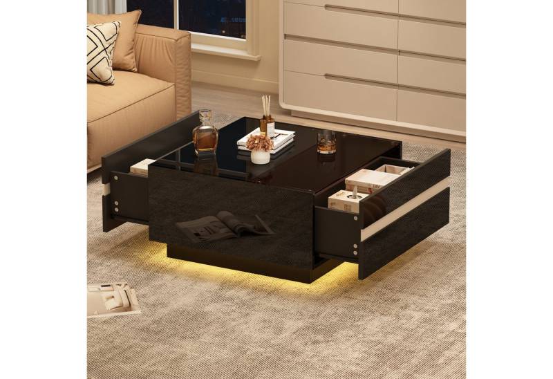 STILVORA Couchtisch Hochglanz-Wohnzimmertisch mit LED,Beistelltisch Sofatisch Teetisch (Wohnzimmertisch, Beistelltisch, 1-St., 70*70*36 cm, mit 2 Schubladen), mit LED, aus Spanplatte und gehärtetem Glas von STILVORA