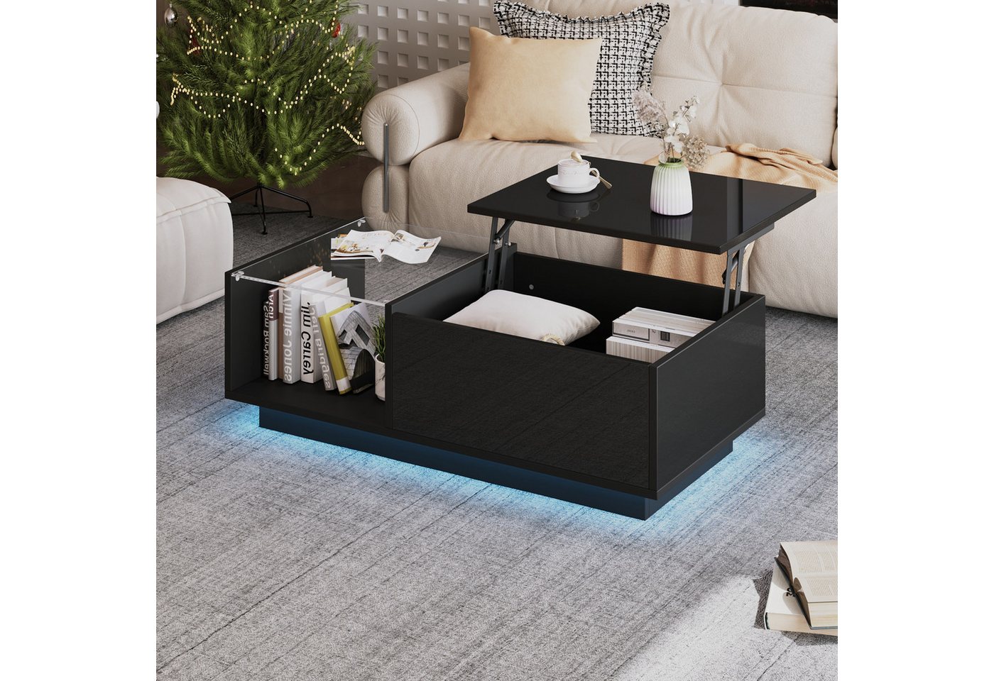 STILVORA Couchtisch Höhenverstellbarer Wohnzimmertisch mit Verstecktem Stauraum und Ablage (Hochglanz Satztisch, Wohnzimmertisch, 1-St., mit LED), mit Verstecktem Stauraum und Ablage von STILVORA