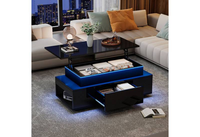 STILVORA Couchtisch LED Sofatisch Höhenverstellbar,Kaffeetisch Beistelltisch mit Stauraum (Beistelltisch, Satztisch, 1-St., mit Verstecktem Stauraum und Schublade), Hochglanz Wohnzimmertisch, LED Sofatisch von STILVORA