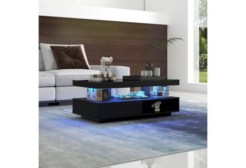 STILVORA Couchtisch Wohnzimmertisch Hochglanz-Beistelltisch Sofatisch mit Stauraum, schwarz (Beistelltisch mit 2 Schubladen, 1-St., mit LED-Beleuchtung und hochglänzender Tischplatte), Wohnzimmertisch mit Glastrennwände von STILVORA