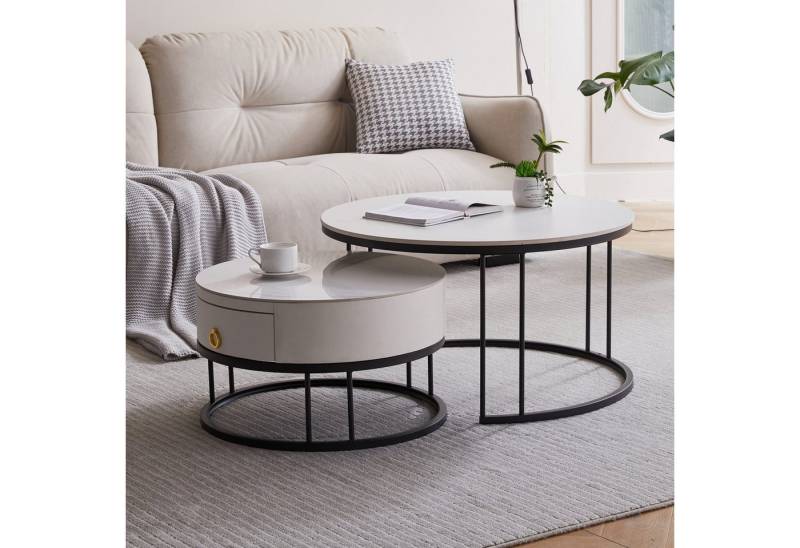 STILVORA Couchtisch Wohnzimmertisch Satztisch stapelbarer Beistelltisch mit Schieferplatte (aus robustem Schiefer und Metallbeinen), Weiß und Schwarz von STILVORA