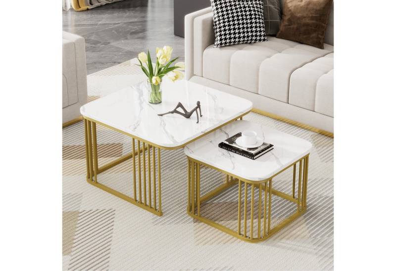 STILVORA Couchtisch mit Hochglanz,2er-Set Wohnzimmertisch Sofatisch mit Marmoroptik (Quadratischer Couchtisch, robust und langlebig), PVC in Marmoroptik, Gold matt Stahlrohre von STILVORA