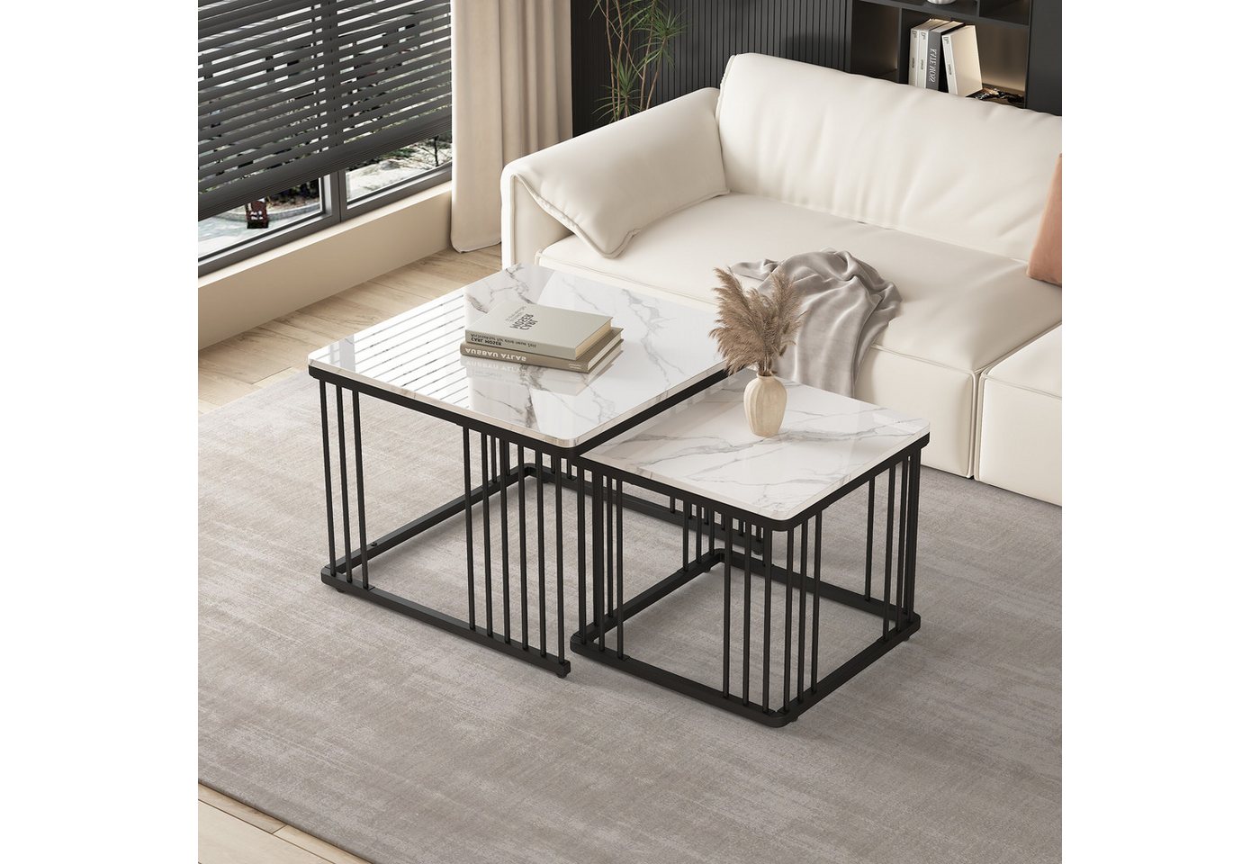 STILVORA Couchtisch mit Hochglanz,2er-Set Wohnzimmertisch Sofatisch mit Marmoroptik (Sofatisch, 2-St., 60*60*45cm & 45*45*40cm), mit höhenverstellbare Füße und Tischplatte in Hochglanz-Marmoroptik von STILVORA