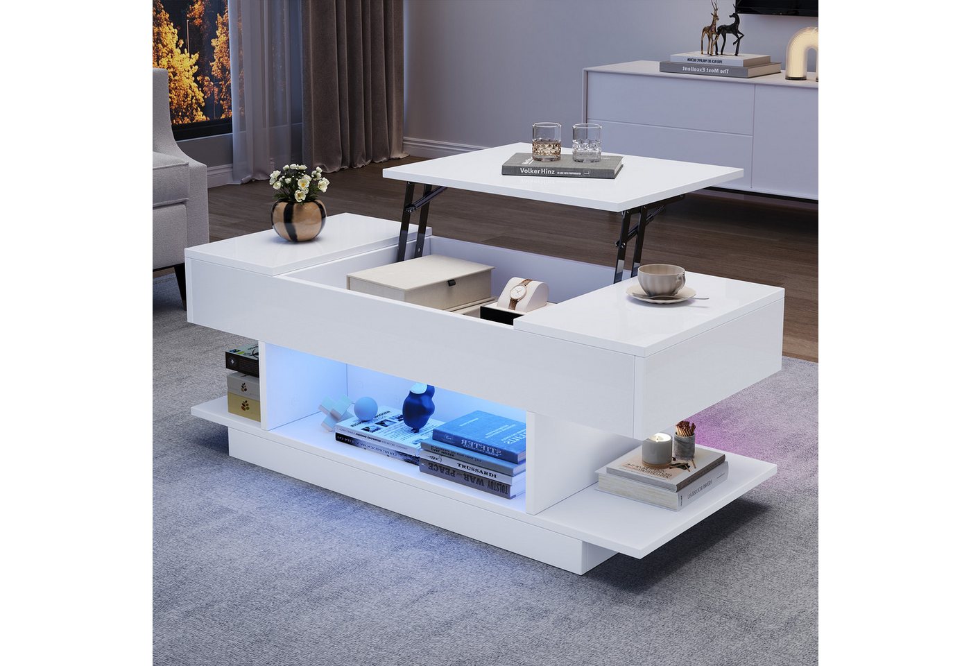 STILVORA Couchtisch mit Klappschrank&LED,Sofatisch Wohnzimmertisch anhebbar mit Hochglanz (Teetisch, Wohnzimmertisch, 1-St., mit 2 Klappschränken, halboffenem Stauraum), Hochglanz-Teetisch mit LED von STILVORA