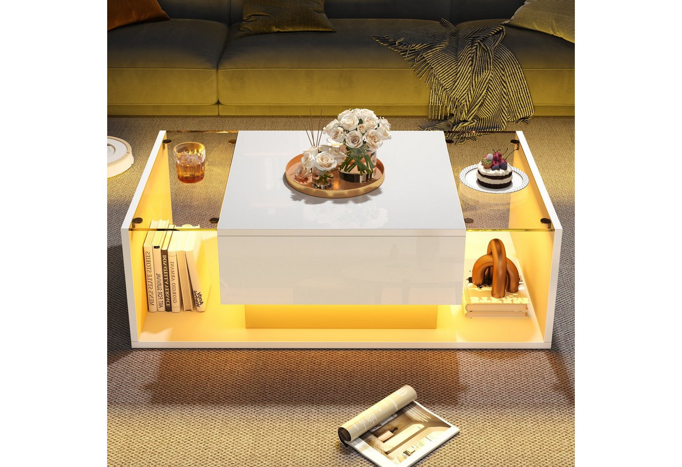 STILVORA Couchtisch mit LED,Hochglanz-Sofatisch Wohnzimmertisch mit Schublade&Glasplatte (Satztisch, Beistelltisch, Sofatisch, 1-St., mit 1 Schublade und LED-Lichtleiste), Hochglanz-Sofatisch von STILVORA