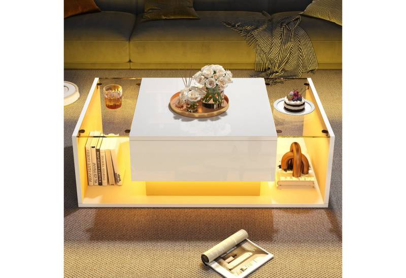 STILVORA Couchtisch mit LED,Hochglanz-Sofatisch Wohnzimmertisch mit Schublade&Glasplatte (Satztisch, Beistelltisch, Sofatisch, 1-St., mit 1 Schublade und LED-Lichtleiste), Hochglanz-Sofatisch von STILVORA