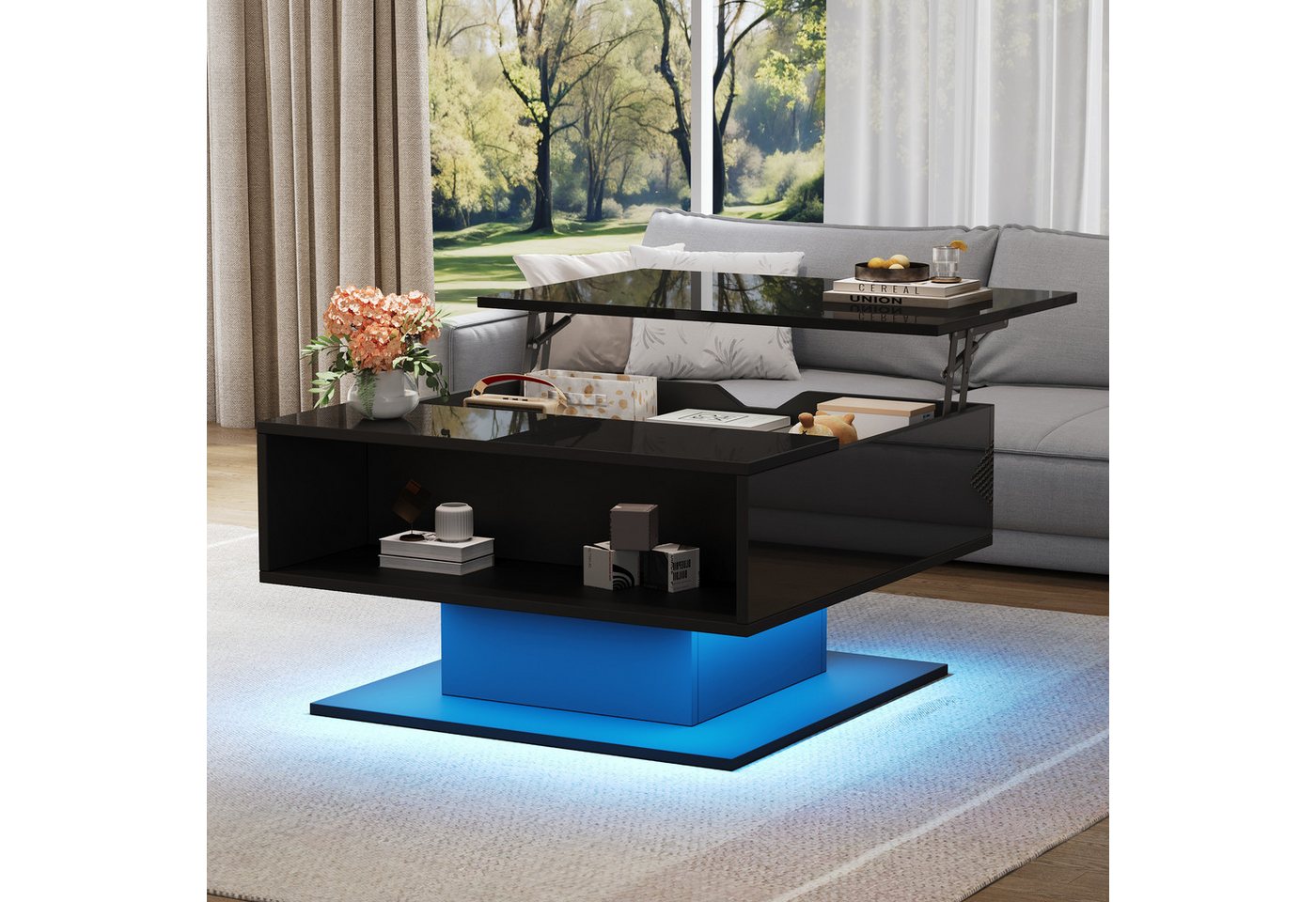 STILVORA Couchtisch mit LED,anhebbarer Sofatisch Kaffeetisch mit halboffener Stauraum (Kaffeetisch mit Versteckter Stauraum und halboffener Stauraum, 1-St., mit LED-Lichtstreifen), Hochglanz-Sofatisch, 80*77*40cm von STILVORA