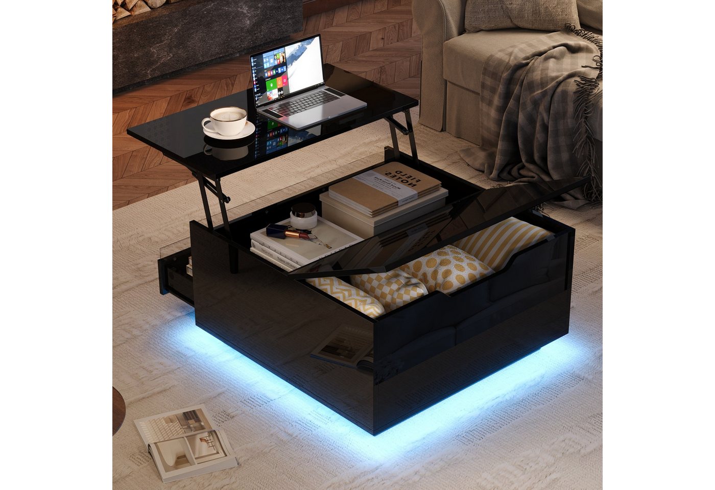 STILVORA Couchtisch mit LED,anhebbarer Sofatisch Kaffeetisch mit verstecktem Stauraum (Satztisch, Sofatisch, 1-St., 1 Schublade, 1 hochklappbaren Türen), Hochglanz-Beistelltisch mit LED-Lichtleiste und verstecktem Stauraum von STILVORA