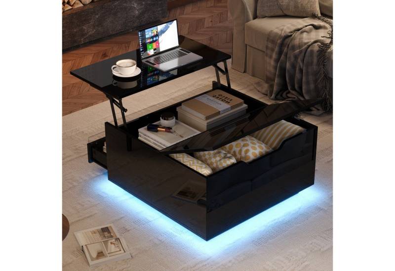 STILVORA Couchtisch mit LED,anhebbarer Sofatisch Kaffeetisch mit verstecktem Stauraum (Satztisch, Sofatisch, 1-St., 1 Schublade, 1 hochklappbaren Türen), Hochglanz-Beistelltisch mit LED-Lichtleiste und verstecktem Stauraum von STILVORA