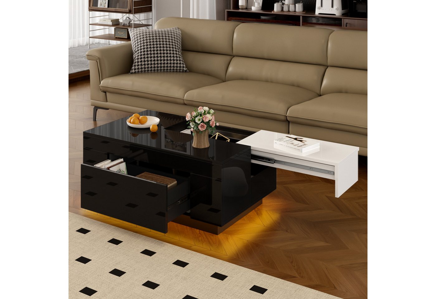STILVORA Couchtisch mit LED,ausziehbarer Sofatisch Kaffeetisch mit verstecktem Stauraum (Satztisch, Wohnzimmertisch, Beistelltisch, 1-St., verstecktem Stauraum, Schublade), Hochglanz, mit 16-farbig einstellbarem Lichtband von STILVORA