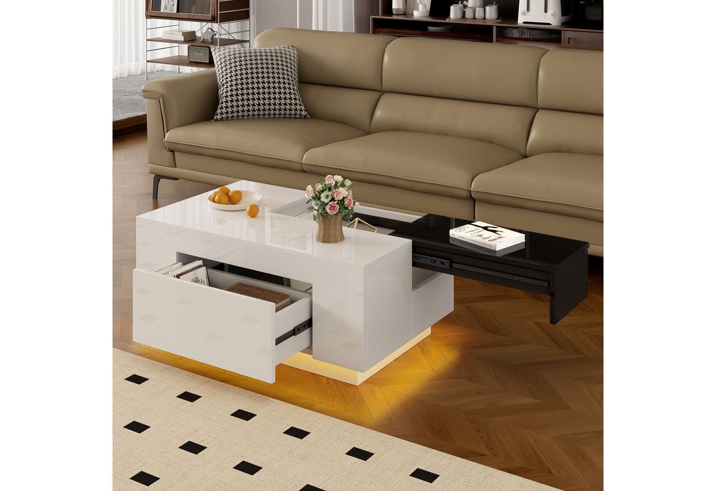STILVORA Couchtisch mit LED,ausziehbarer Sofatisch Kaffeetisch mit verstecktem Stauraum (Satztisch, Wohnzimmertisch, Beistelltisch, 1-St., verstecktem Stauraum, Schublade), Hochglanz, mit 16-farbig einstellbarem Lichtband von STILVORA